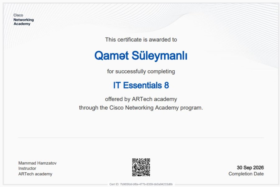 Tələbəmiz Cisco IT Essentials sertifikatı aldı