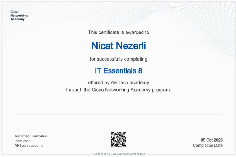 Tələbəmiz Cisco IT Essentials sertifikatı aldı